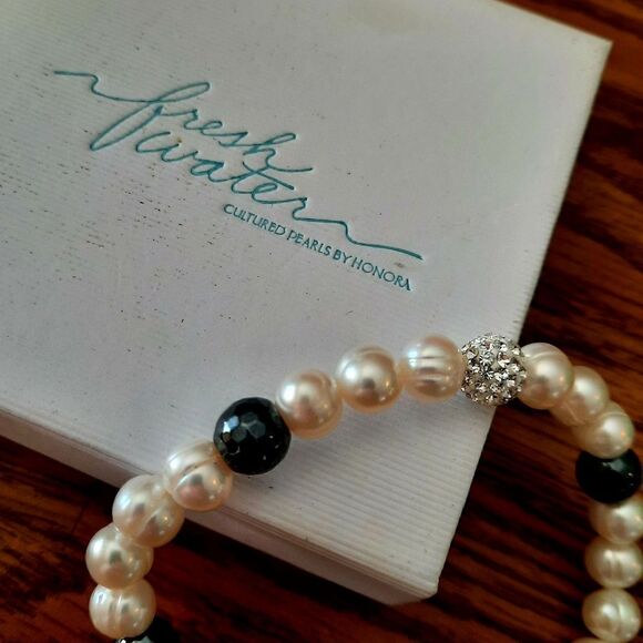 HONORA Freshwater Pearl, Pave Crystal Sparkle Beads Bracelet CITY WEDDING STYLE! - Picture 2 of 4